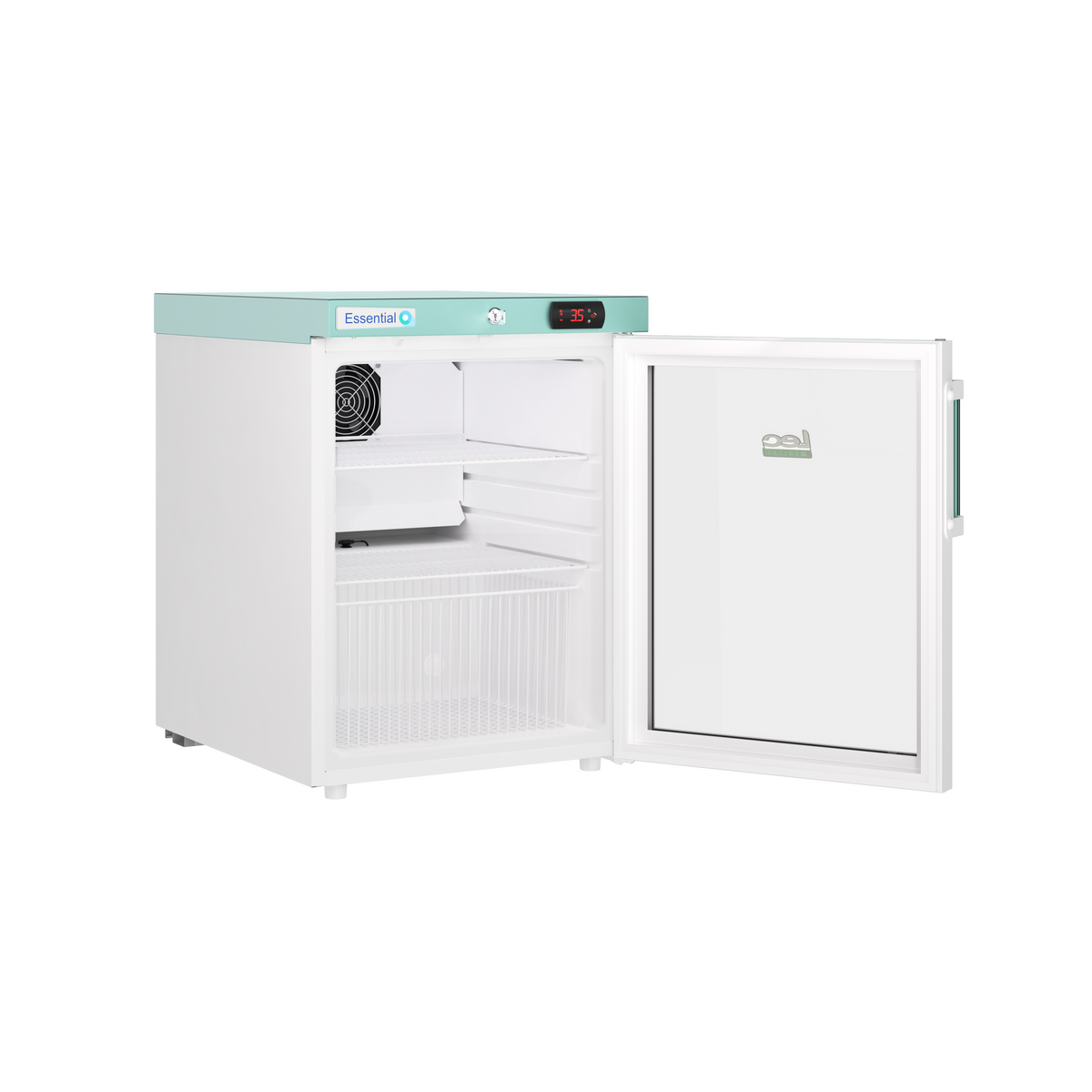LEC Medical 444411891 glass door vaccine refrigerator with door open on a white background