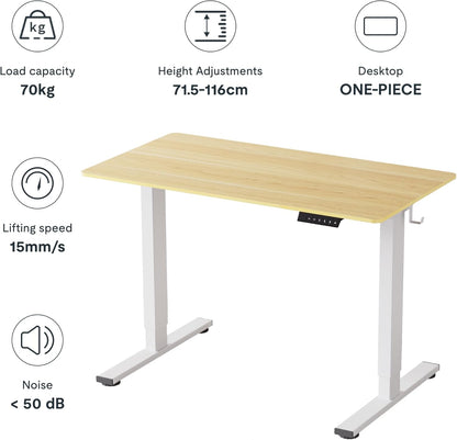160x80cm Electric Standing Desk Height Adjustable Desk ONE PIECE Sit Stand Desk Stand Up Desk with Memory Smart Pannel (White Frame+Maple Desktop)