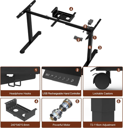 Whole Board Standing Desk 140x60cm, Electric Height Adjustable Desk, Sedentary Reminder Desk with 2-memory Presets and Cable Management Tray (Black)