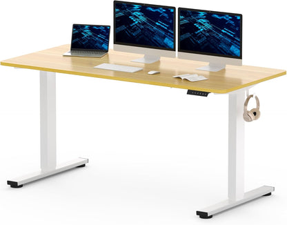 160x80cm Electric Standing Desk Height Adjustable Desk ONE PIECE Sit Stand Desk Stand Up Desk with Memory Smart Pannel (White Frame+Maple Desktop)