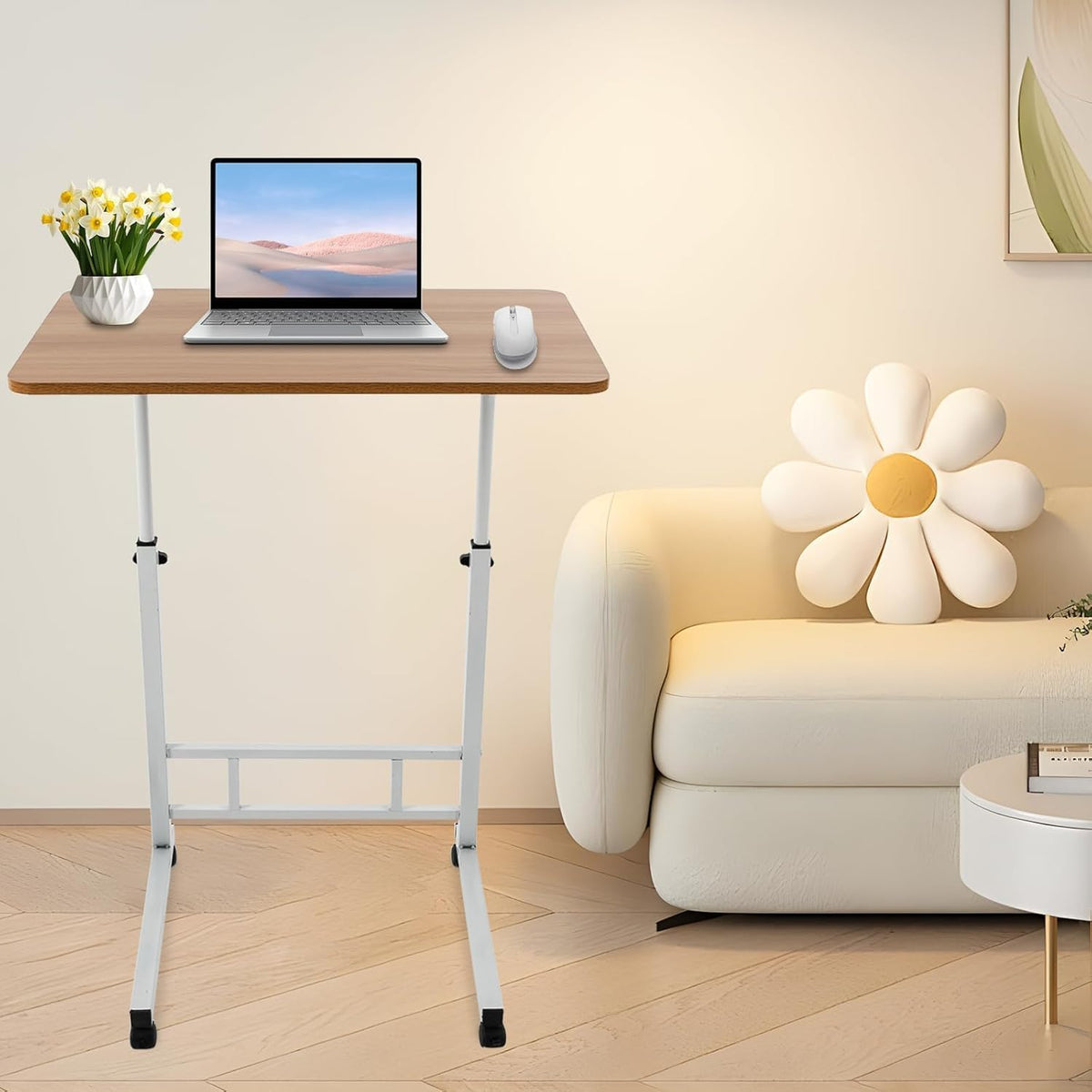 Laptop Table On Wheels Portable Desk Workstation Height Adjustable Tray On Wheels Tray Table Stand Multi-Use Home Desk For Elderly Over Bed Sofa Over Bed Table (Wood)