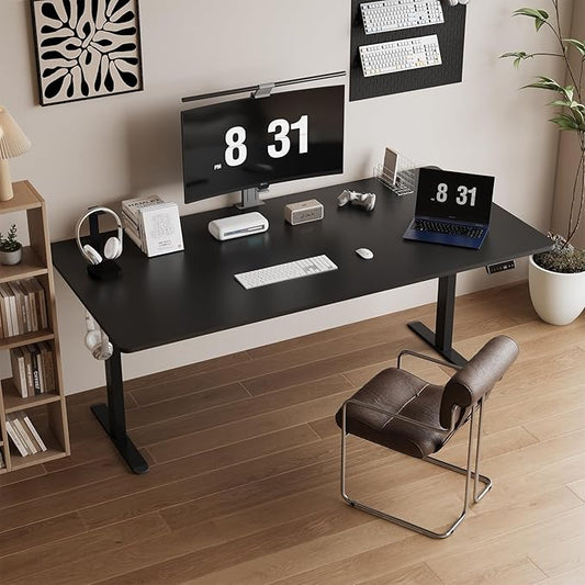 Electric Standing Desk 160x80cm with USB Charging Sit Stand Reminder Height Adjustable Desk, Stand Up Home Office Desk with 3 Memory Functions and Hook, Cable Management Tray, Black