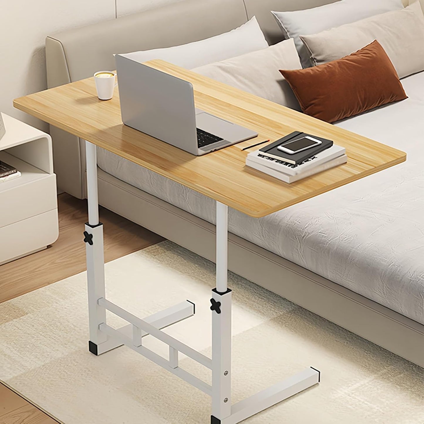 Laptop Table On Wheels Portable Desk Workstation Height Adjustable Tray On Wheels Tray Table Stand Multi-Use Home Desk For Elderly Over Bed Sofa Over Bed Table (Wood)