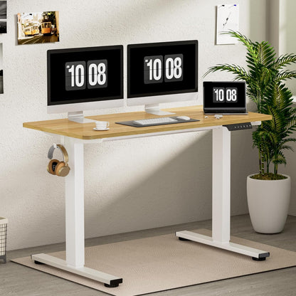 160x80cm Electric Standing Desk Height Adjustable Desk ONE PIECE Sit Stand Desk Stand Up Desk with Memory Smart Pannel (White Frame+Maple Desktop)