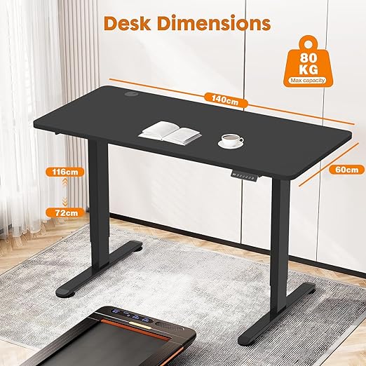 Whole Board Standing Desk 140x60cm, Electric Height Adjustable Desk, Sedentary Reminder Desk with 2-memory Presets and Cable Management Tray (Black)