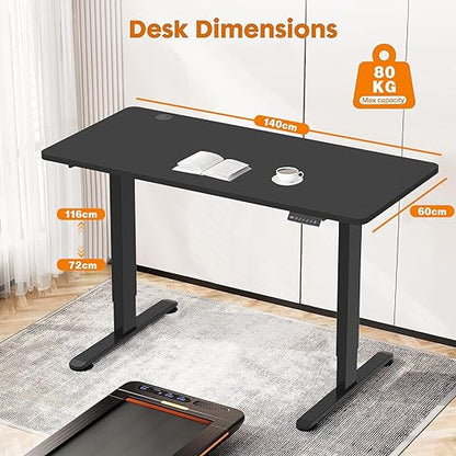 Whole Board Standing Desk 140x60cm, Electric Height Adjustable Desk, Sedentary Reminder Desk with 2-memory Presets and Cable Management Tray (Black)