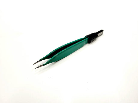 A reusable bipolar forceps with a green and black handle and metallic tips, designed for OBS-50 high frequency electrical coagulator.