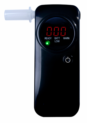 A digital breathalyzer with a black casing, featuring a digital screen showing 'ready' and 'low battery' indicators, and a mouthpiece on the top.