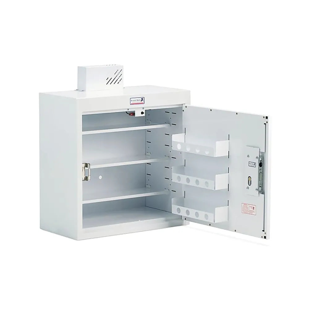PC636- DRUG & MEDICINE CABINET - 600 X 300 X600mm- - SINGLE DOOR - R/H HINGE - EURO LOCK - WITH LIGHTS - 185MM SHELVES & DOOR SHELVES