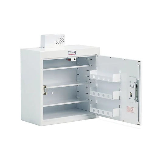 PC636- DRUG & MEDICINE CABINET - 600 X 300 X600mm- - SINGLE DOOR - R/H HINGE - EURO LOCK - WITH LIGHTS - 185MM SHELVES & DOOR SHELVES
