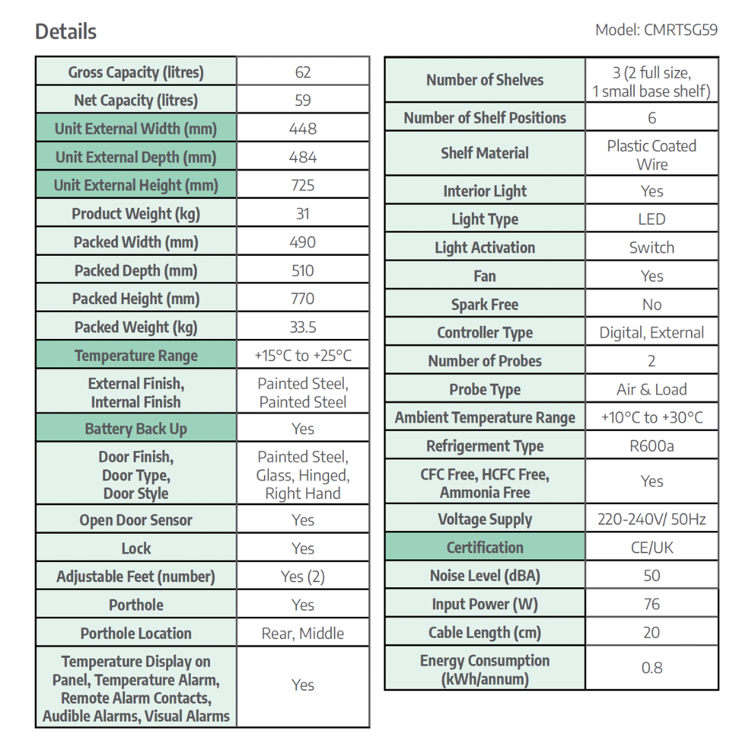 CMRTSG59 refrigerator specification sheet
