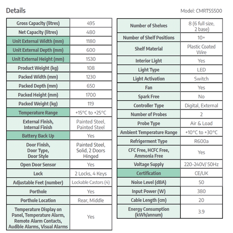 CMRTSS500 refrigerator specification sheet