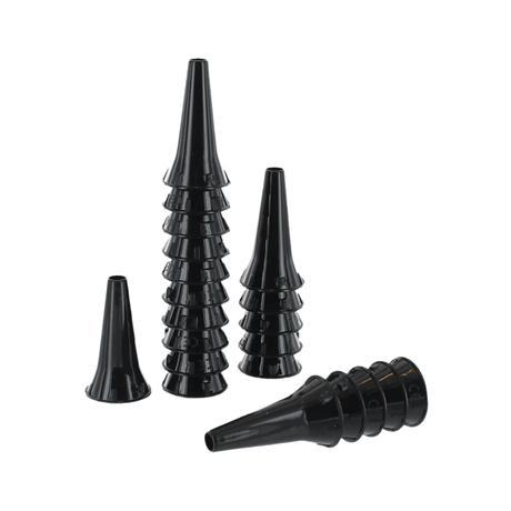 set of black disposable 4mm specula's for optima mini pocket otoscope on a white background