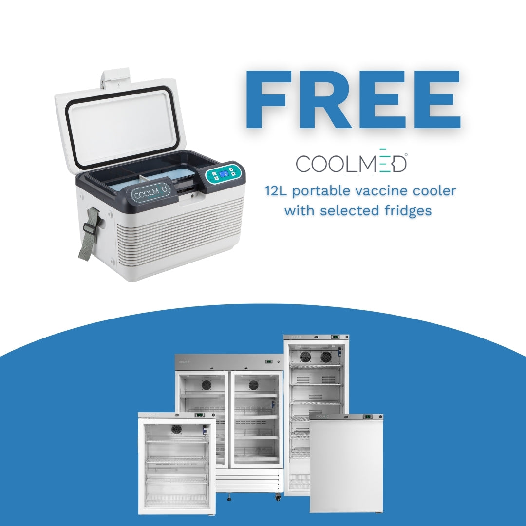 Free Portable vaccine cooler with selected CoolMed fridges on a blue background