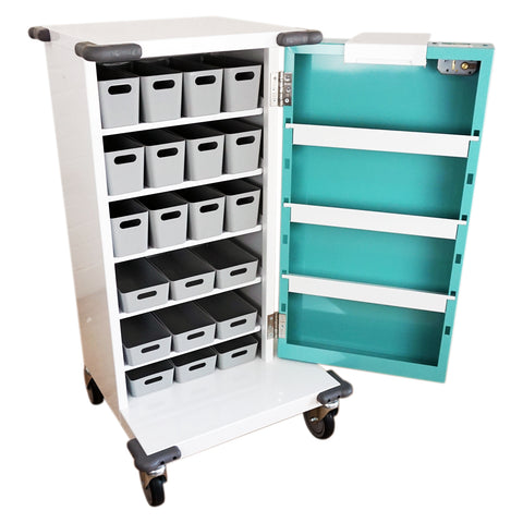 Pharmacy Medical - HECT501 21 TRAY COMPACT UNIT DOSAGE TROLLEY | BLUE PLASTIC TRAYS | SINGLE DOOR / KEY LOCK / PUSH BUTTON KEY CODE LOCK