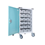 Pharmacy Medical - HECT660 36 TRAY ORIGINAL PACKAGING TROLLEY | 18 TEAL / 18 WHITE PLASTIC TRAYS | DOUBLE DOOR / CAM LOCK
