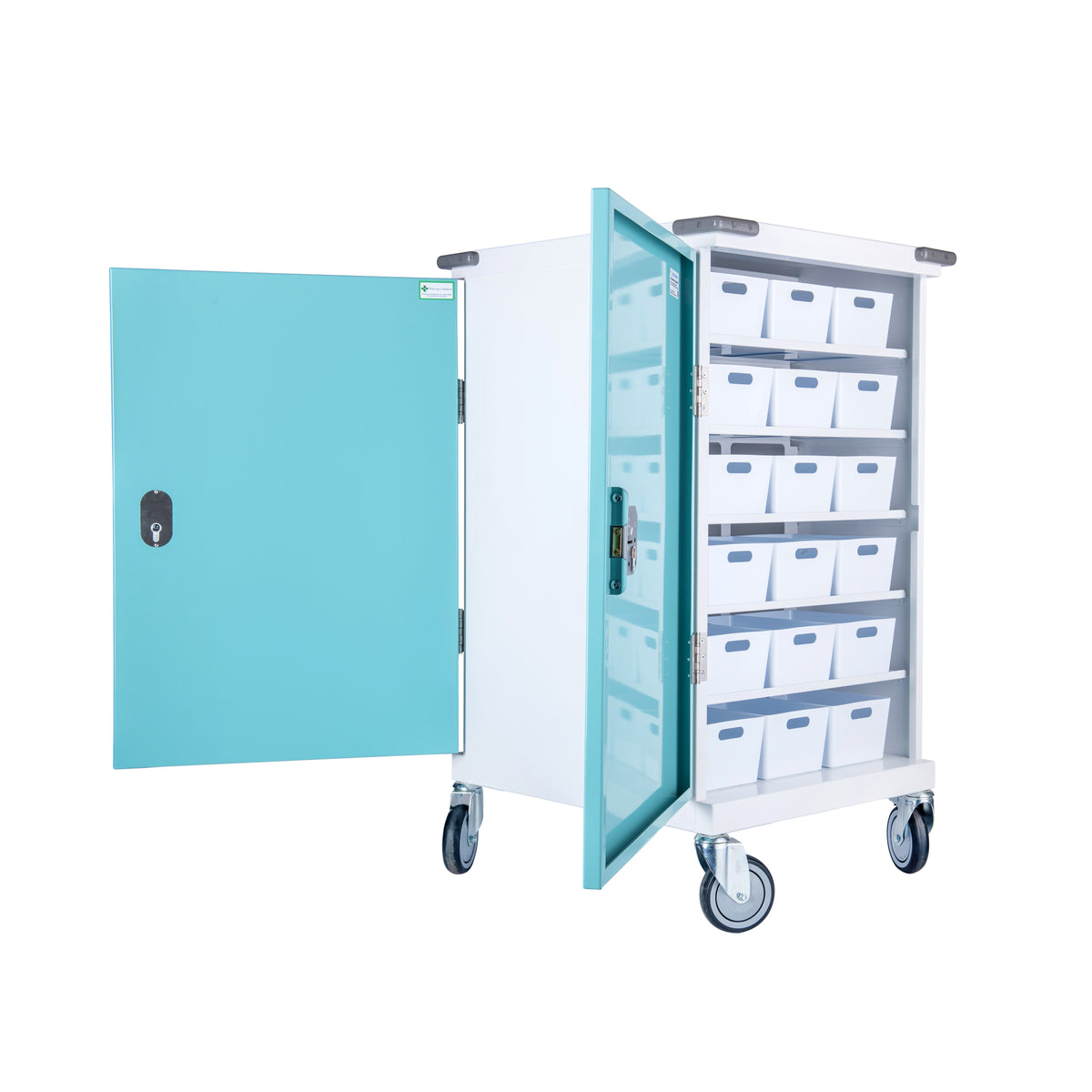 Pharmacy Medical - HECT660 36 TRAY ORIGINAL PACKAGING TROLLEY | 18 TEAL / 18 WHITE PLASTIC TRAYS | DOUBLE DOOR / CAM LOCK
