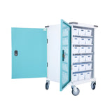 Pharmacy Medical - HECT660 36 TRAY ORIGINAL PACKAGING TROLLEY | 18 TEAL / 18 WHITE PLASTIC TRAYS | DOUBLE DOOR / CAM LOCK