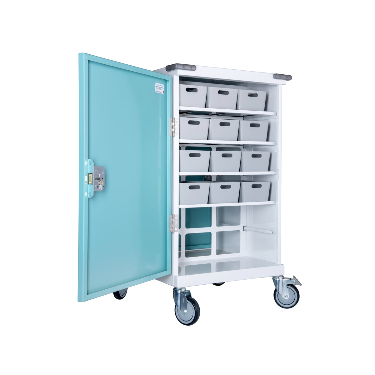 Pharmacy Medical - HECT665 24 TRAY ORIGINAL PACKAGING TROLLEY | 12 TEAL / 12 WHITE PLASTIC TRAYS | DOUBLE DOOR / CAM LOCK