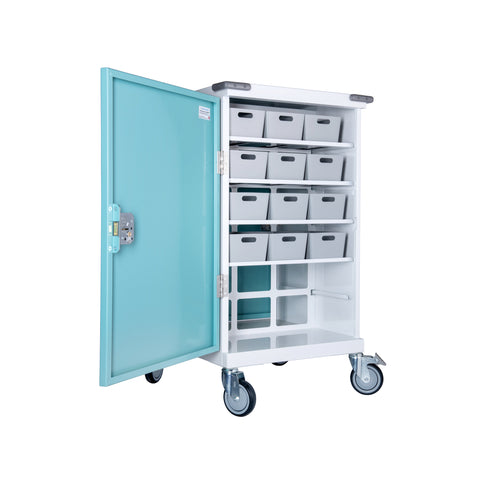 Pharmacy Medical - HECT665 24 TRAY ORIGINAL PACKAGING TROLLEY | 12 TEAL / 12 WHITE PLASTIC TRAYS | DOUBLE DOOR / CAM LOCK