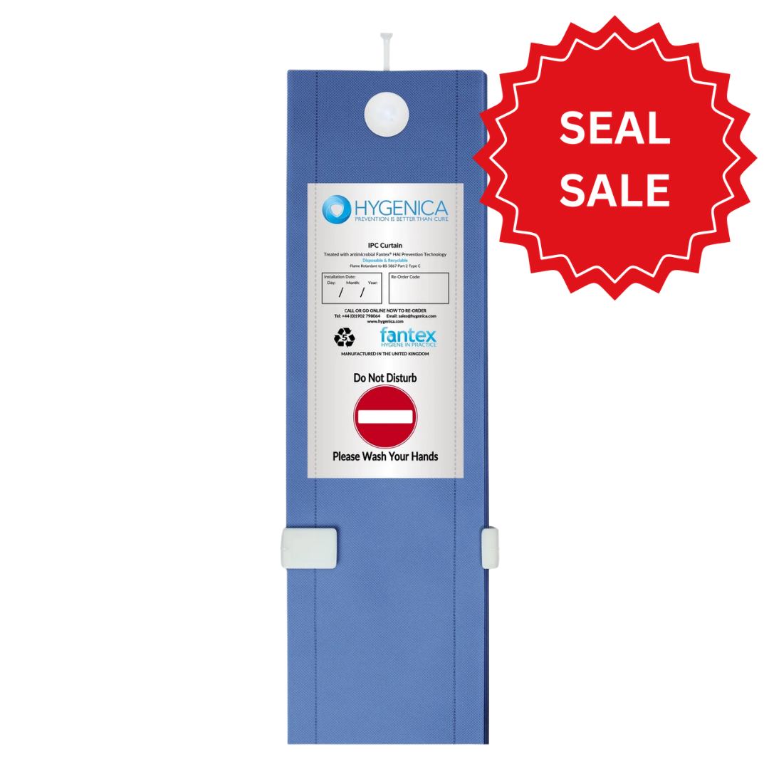 Hygienica Large medical hospital curtains on a white background with red Seal Sale sticker on 