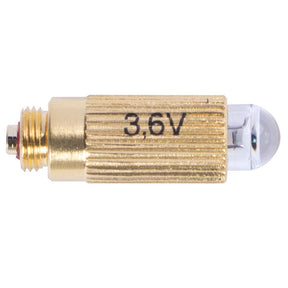 A 3.6V halogen bulb for otoscopes and ophthalmoscopes, with a gold-colored base and a clear glass bulb.