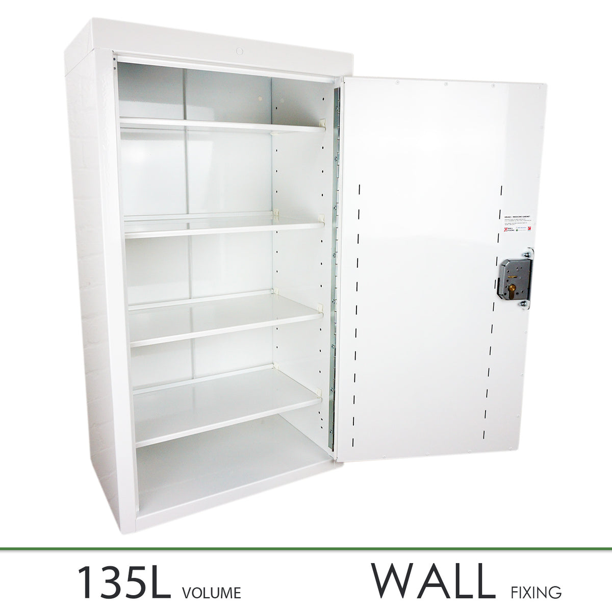 A white, wall-mounted medicine cabinet with a single door and multiple internal shelves, marked with dimensions of 135L volume and wall fixing.