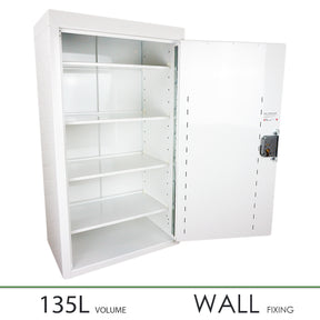 A white, wall-mounted medicine cabinet with a single door and multiple internal shelves, marked with dimensions of 135L volume and wall fixing.