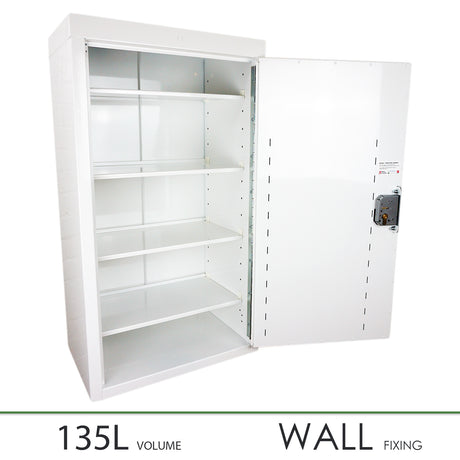 A white, wall-mounted medicine cabinet with a single door and multiple internal shelves, marked with dimensions of 135L volume and wall fixing.