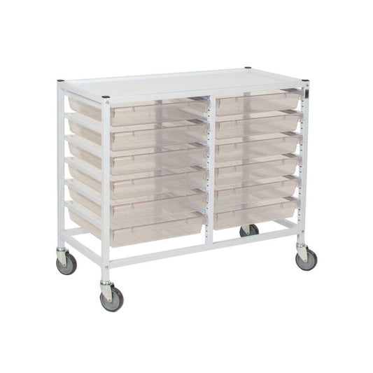 Classic Low Double White Trolley 12 Shallow Antimicrobial Translucent Trays (Assembled)