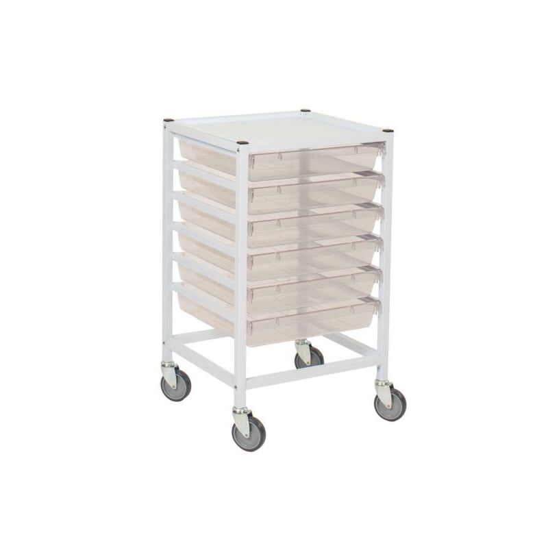 Classic Low Single Fixed Runner White Trolley 6 Shallow Antimicrobial CLEAR Trays (Assembled)