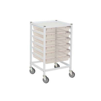 Classic Low Single Fixed Runner White Trolley 6 Shallow Antimicrobial CLEAR Trays (Assembled)