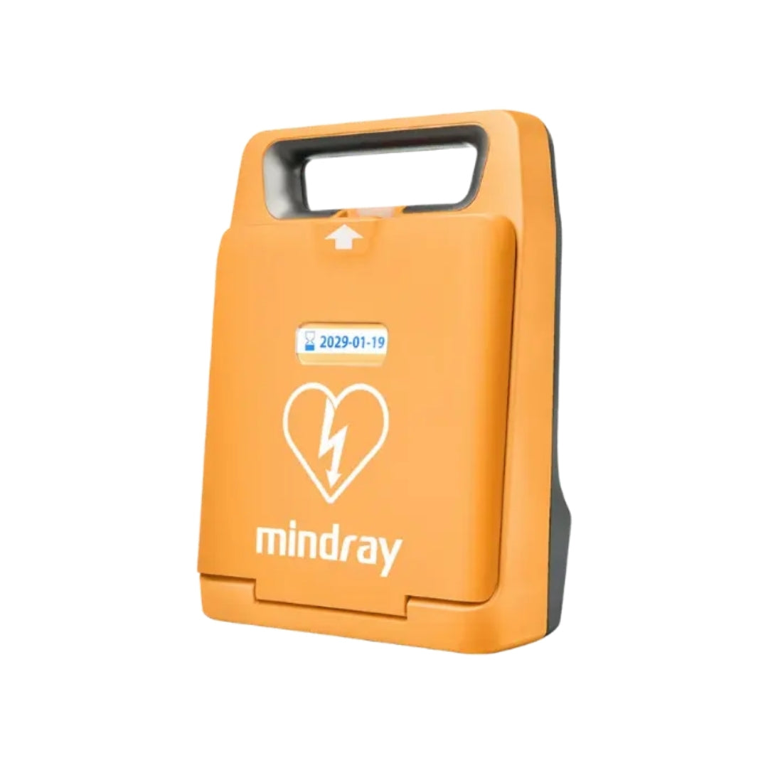 Orange AED Mindray C1A Fully automatic Defibrillate on a white background