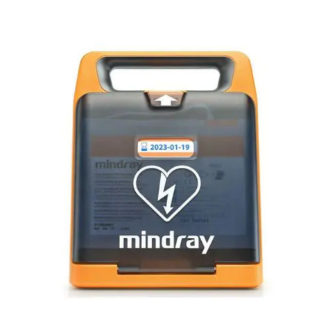 Mindray defibrillator with orange cover on a white background