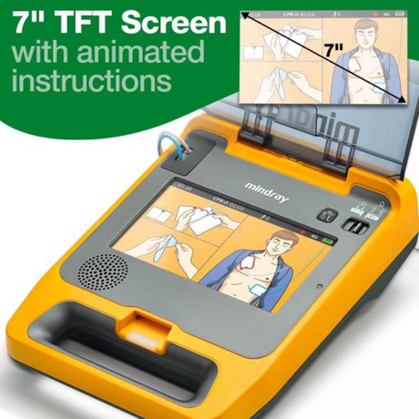 Yellow and Grey Mindray Beneheart C2 semi automatic defibrillator with screen and animated instructions for AED.
