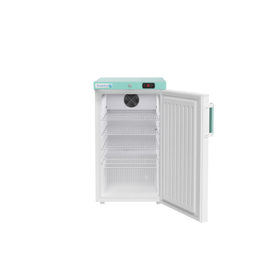 LEC Medical solid door vaccine refrigerator with open door 444411885 on a white background