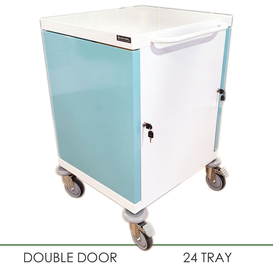 Pharmacy Medical - HECT665 24 TRAY ORIGINAL PACKAGING TROLLEY | 12 TEAL / 12 WHITE PLASTIC TRAYS | DOUBLE DOOR / CAM LOCK