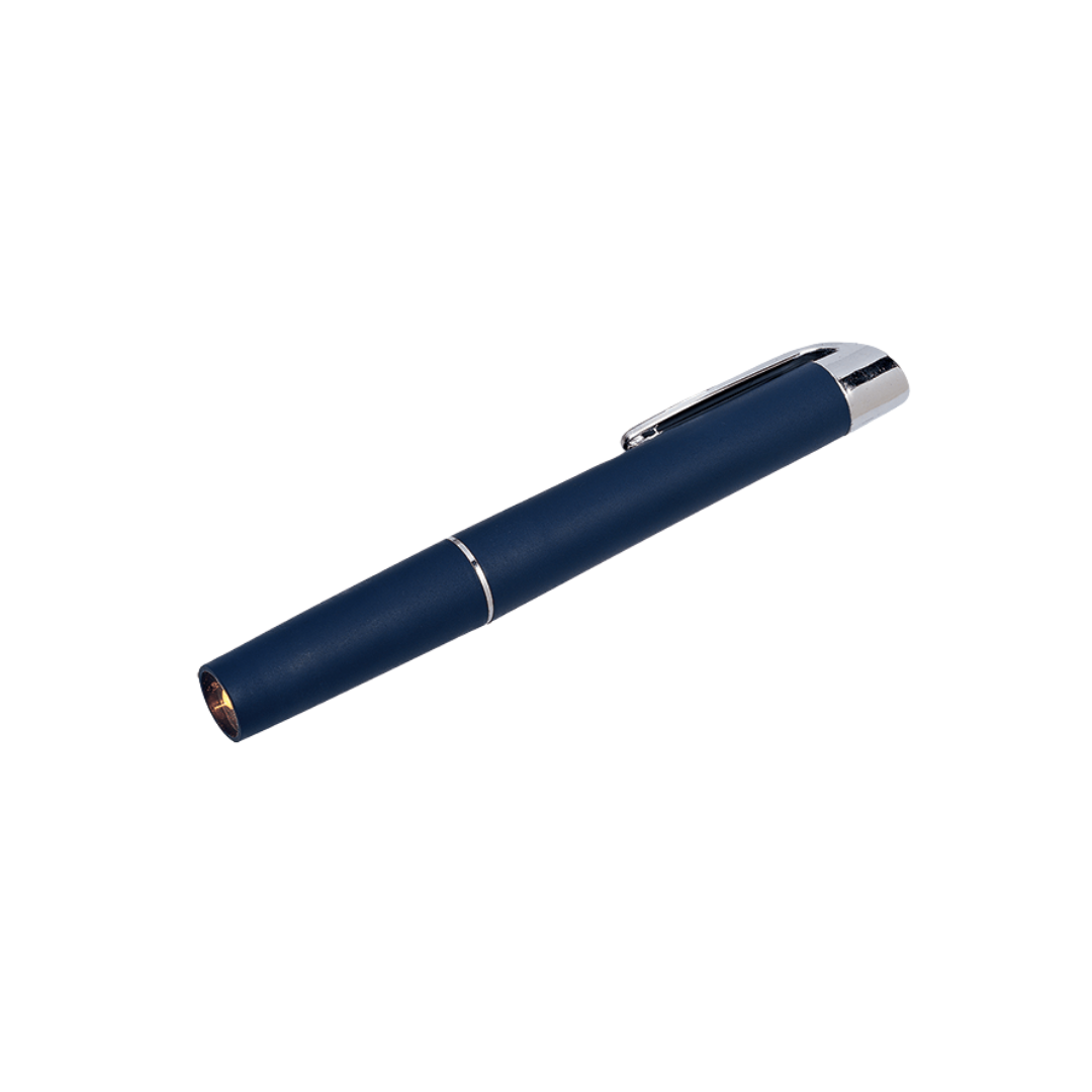 Blue pen with silver accents on a white background
