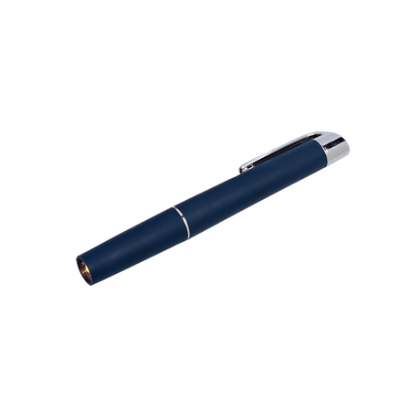 Blue pen with silver accents on a white background