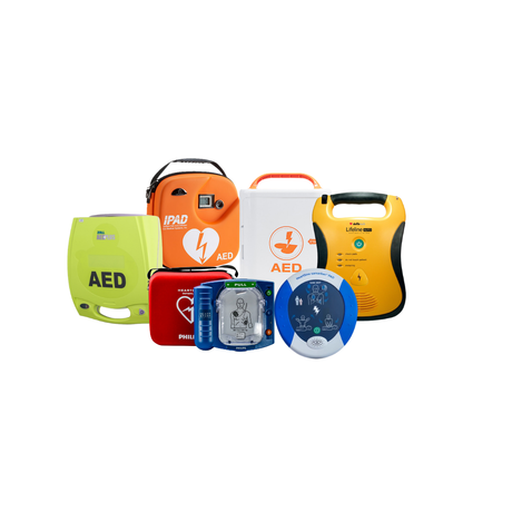 Collection of AED devices on a white background