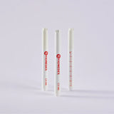 Three surgical skin marker pens with measuring scales printed on them, two with red markings and one with blue.
