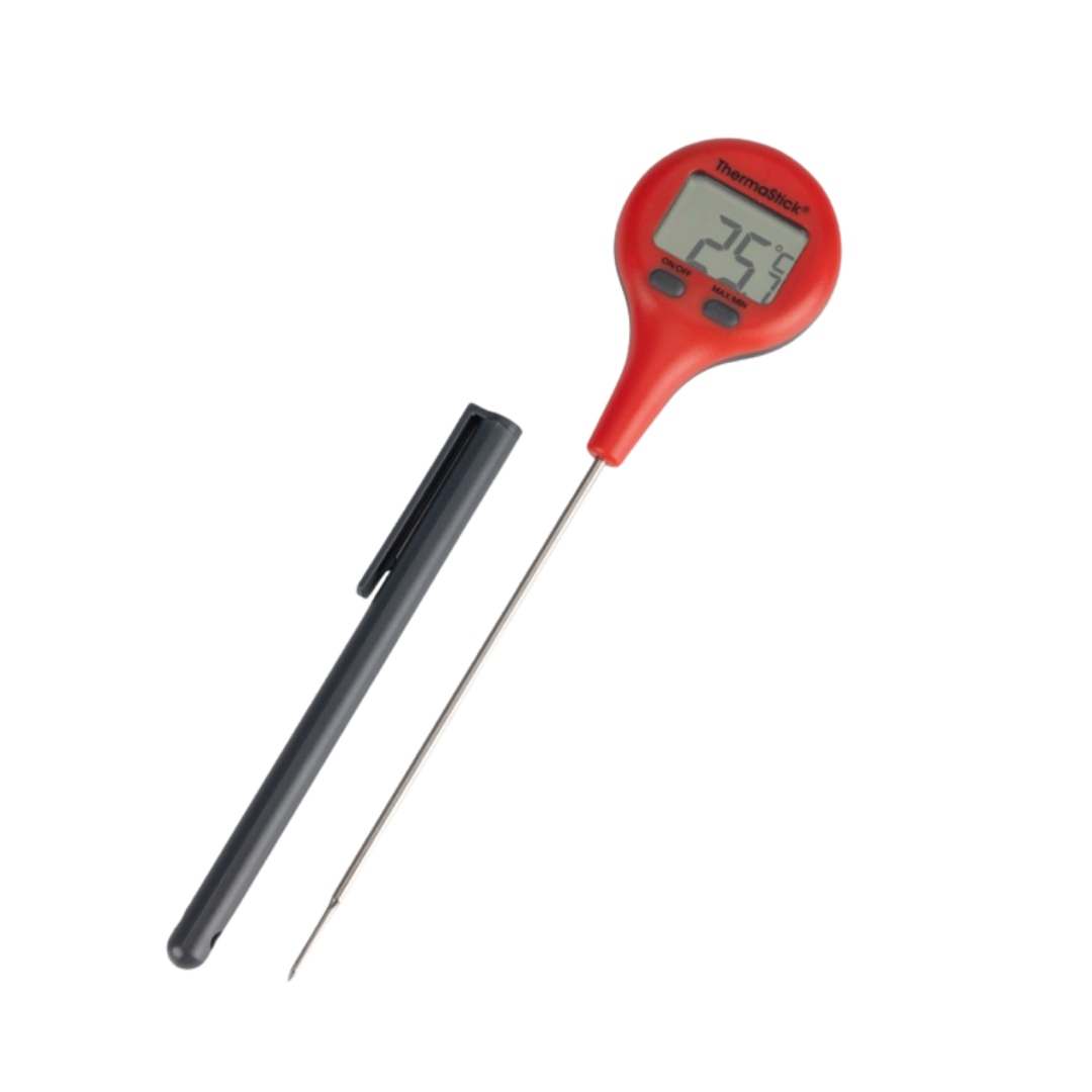 Red digital thermometer with a black probe on a white background