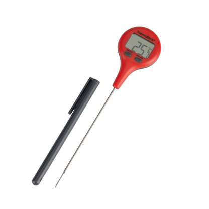 Red digital thermometer with a black probe on a white background
