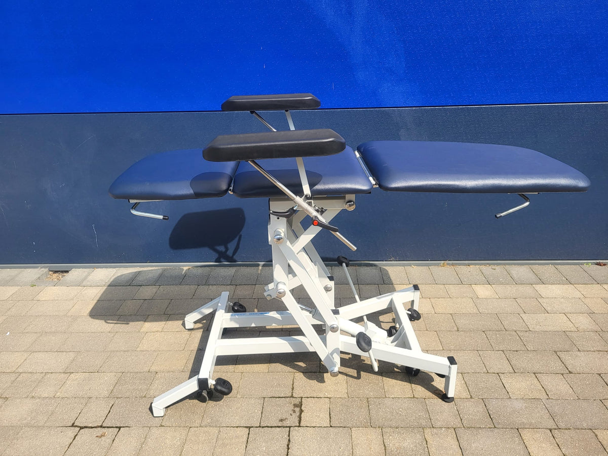 Reconditioned Three Section Electric Phlebotomy Treatment Couch - raised reclined view