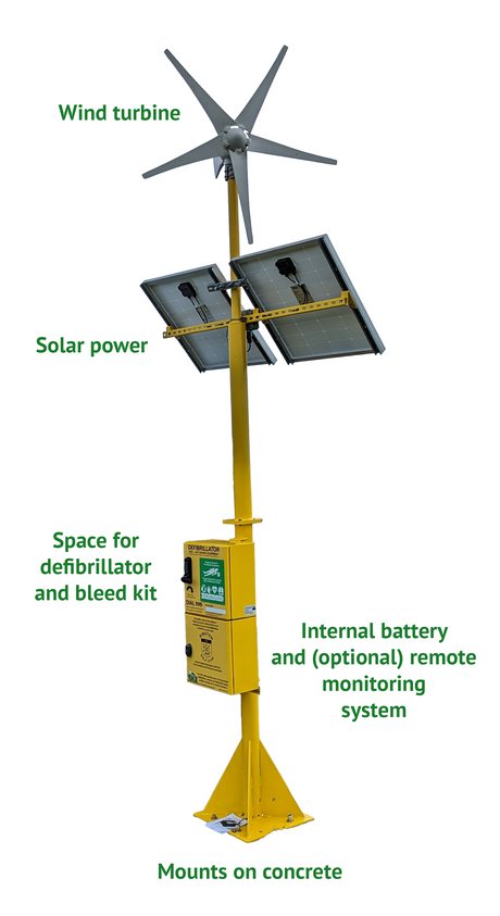 Solar & Wind Powered Defibrillator Cabinet - labelled 