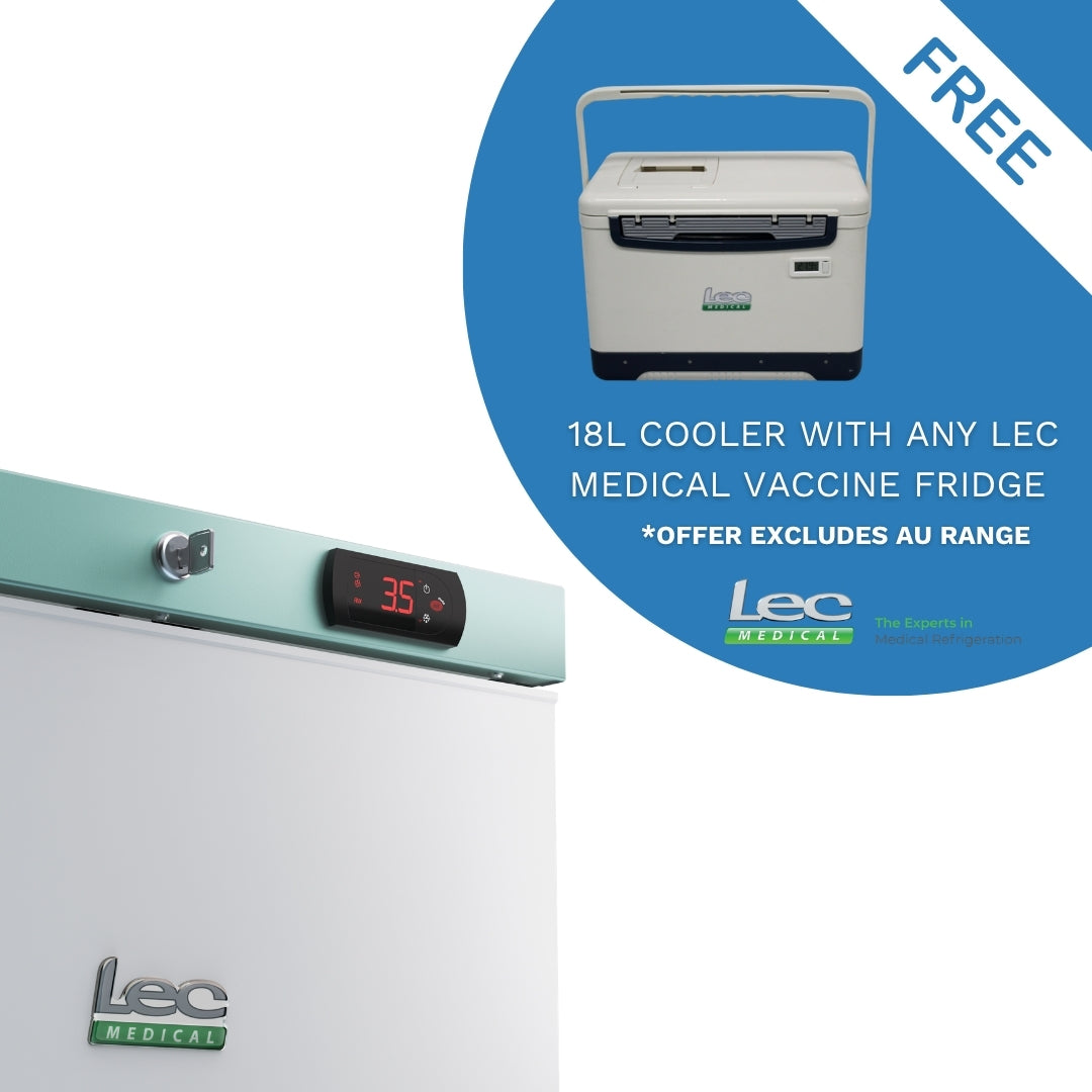 promotional display promoting free 18L vaccine cooler with LEC Medical refrigerators