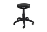 A rolling stool with a black seat and base, featuring a five-caster base for stability and smooth height adjustment mechanism.