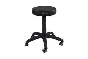 A rolling stool with a black seat and base, featuring a five-caster base for stability and smooth height adjustment mechanism.