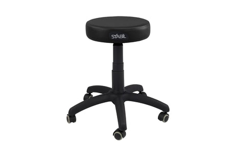 A rolling stool with a black seat and base, featuring a five-caster base for stability and smooth height adjustment mechanism.