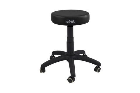 A rolling stool with a black seat and base, featuring a five-caster base for stability and smooth height adjustment mechanism.
